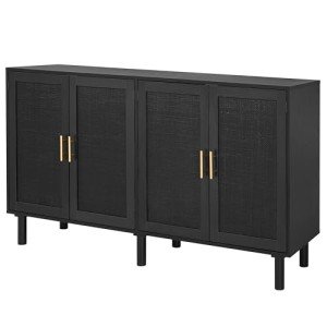 Stylish 4-Door Black Buffet Cabinet with Rattan Doors