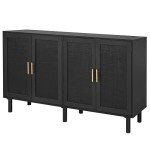Stylish 4-Door Black Buffet Cabinet with Rattan Doors