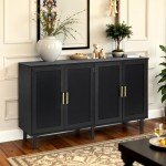 Stylish 4-Door Black Buffet Cabinet with Rattan Doors