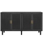 Stylish 4-Door Black Buffet Cabinet with Rattan Doors