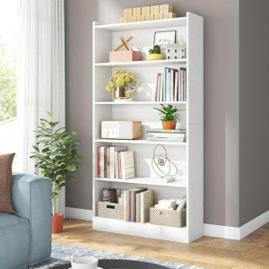 Modern 6-Tier White Tall Bookcase with Storage
