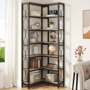 Tribesigns 7-Tier Industrial Corner Bookshelf – Gray