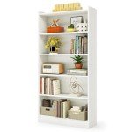Modern 6-Tier White Tall Bookcase with Storage