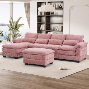 Pink U-Shaped Sectional Sofa with Chaise Lounge