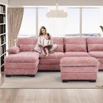 Pink U-Shaped Sectional Sofa with Chaise Lounge