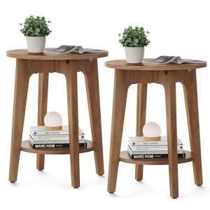 Rustic Walnut Round Side Tables, Set of 2