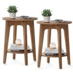 Rustic Walnut Round Side Tables, Set of 2