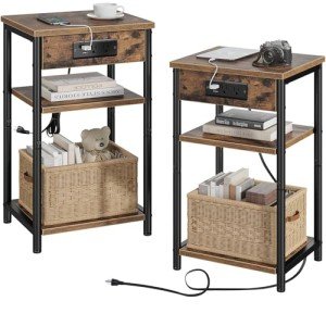 Rolanstar Rustic Brown End Tables with Charging Station