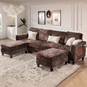 Brown U-Shaped Sectional Sofa with Ottomans