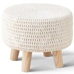 Beige Knitted Boho Pouf Ottoman with Wood Legs