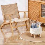 Beige Knitted Boho Pouf Ottoman with Wood Legs
