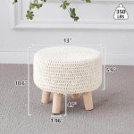Beige Knitted Boho Pouf Ottoman with Wood Legs
