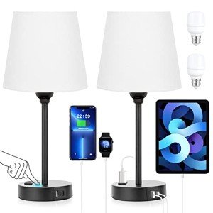 Set of 2 White Bedside Lamps with USB Charging