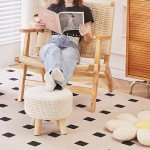 Beige Knitted Boho Pouf Ottoman with Wood Legs