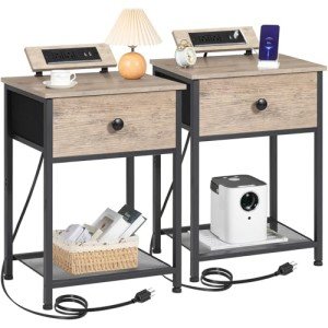 Set of 2 Slim Nightstands with Charging Station