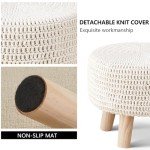 Beige Knitted Boho Pouf Ottoman with Wood Legs