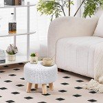 Beige Knitted Boho Pouf Ottoman with Wood Legs