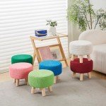 Beige Knitted Boho Pouf Ottoman with Wood Legs