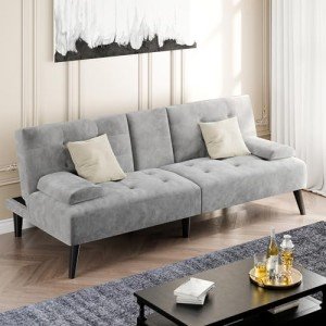 Velvet Futon Sofa Bed with Cup Holders