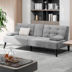 Velvet Futon Sofa Bed with Cup Holders