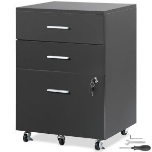 Black 3-Drawer Wood File Cabinet on Wheels