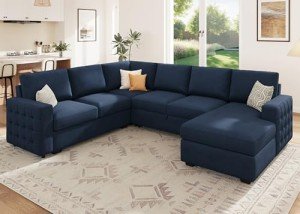 HONBAY Velvet Blue Sleeper Sectional Couch with Storage
