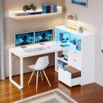 L Shaped Desk with Drawers and Bookshelf 55
