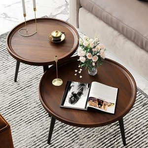 Mid Century Modern Round Walnut Coffee Table Set
