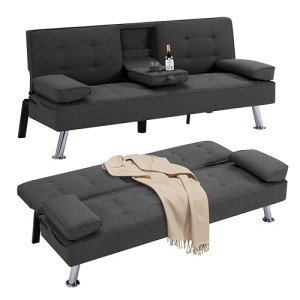 Convertible Folding Futon Loveseat Sofa Bed with Cup Holders