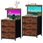 Rustic Brown Nightstands Set of 2 with LED Light