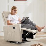 Beige Swivel Rocking Recliner Chair with Footrest
