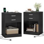 Black Nightstand Set with Charging Station & Drawers