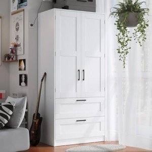 White Wooden Wardrobe Closet with Drawers and Shelves