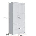 White Wooden Wardrobe Closet with Drawers and Shelves