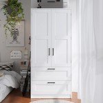 White Wooden Wardrobe Closet with Drawers and Shelves