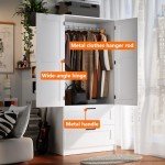 White Wooden Wardrobe Closet with Drawers and Shelves