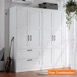 White Wooden Wardrobe Closet with Drawers and Shelves