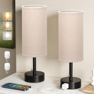 Set of 2 Bedside Table Lamps with Charging Port