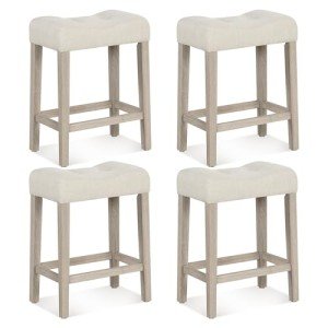 Beige Upholstered Saddle Bar Stools Set of 4