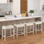 Beige Upholstered Saddle Bar Stools Set of 4