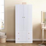 White Wooden Armoire Closet with Two Doors and Drawers