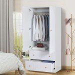 White Wooden Armoire Closet with Two Doors and Drawers