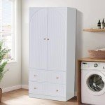 White Wooden Armoire Closet with Two Doors and Drawers