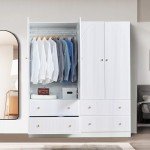 White Wooden Armoire Closet with Two Doors and Drawers
