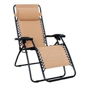 Beige Adjustable Folding Lounge Chair with Pillow