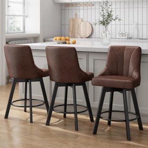 Set of 3 Leather Upholstered Swivel Bar Stools