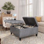 Tufted Grey Leather Square Ottoman with Storage