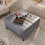 Tufted Grey Leather Square Ottoman with Storage