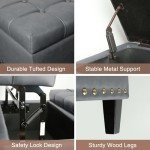 Tufted Grey Leather Square Ottoman with Storage
