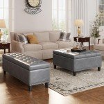 Tufted Grey Leather Square Ottoman with Storage